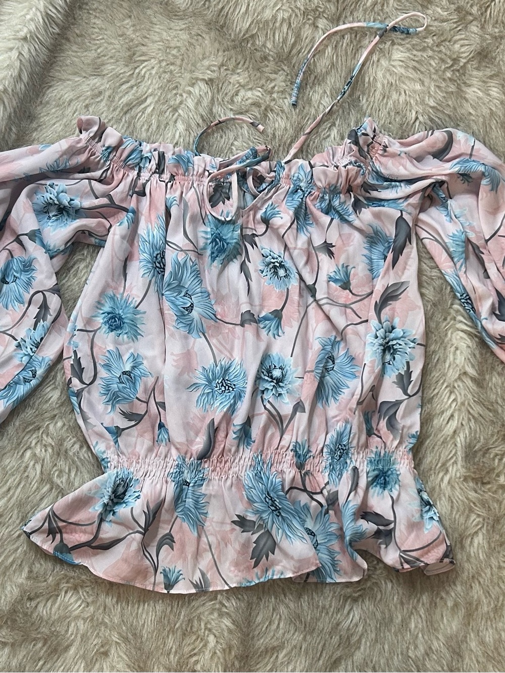Floral Off-Shoulder Blouse - Blue on Pink